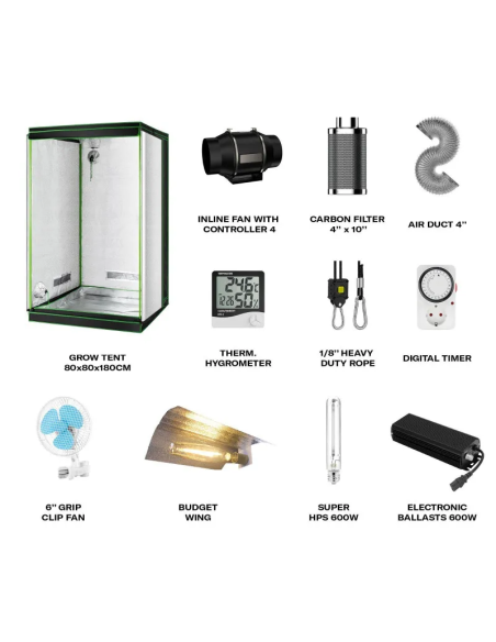 Kit de Culture Flexstar Budget Wing + Super HPS 600W — Tente 80x80x180cm, Kit Complet 11 Pièces | Cocorikush
